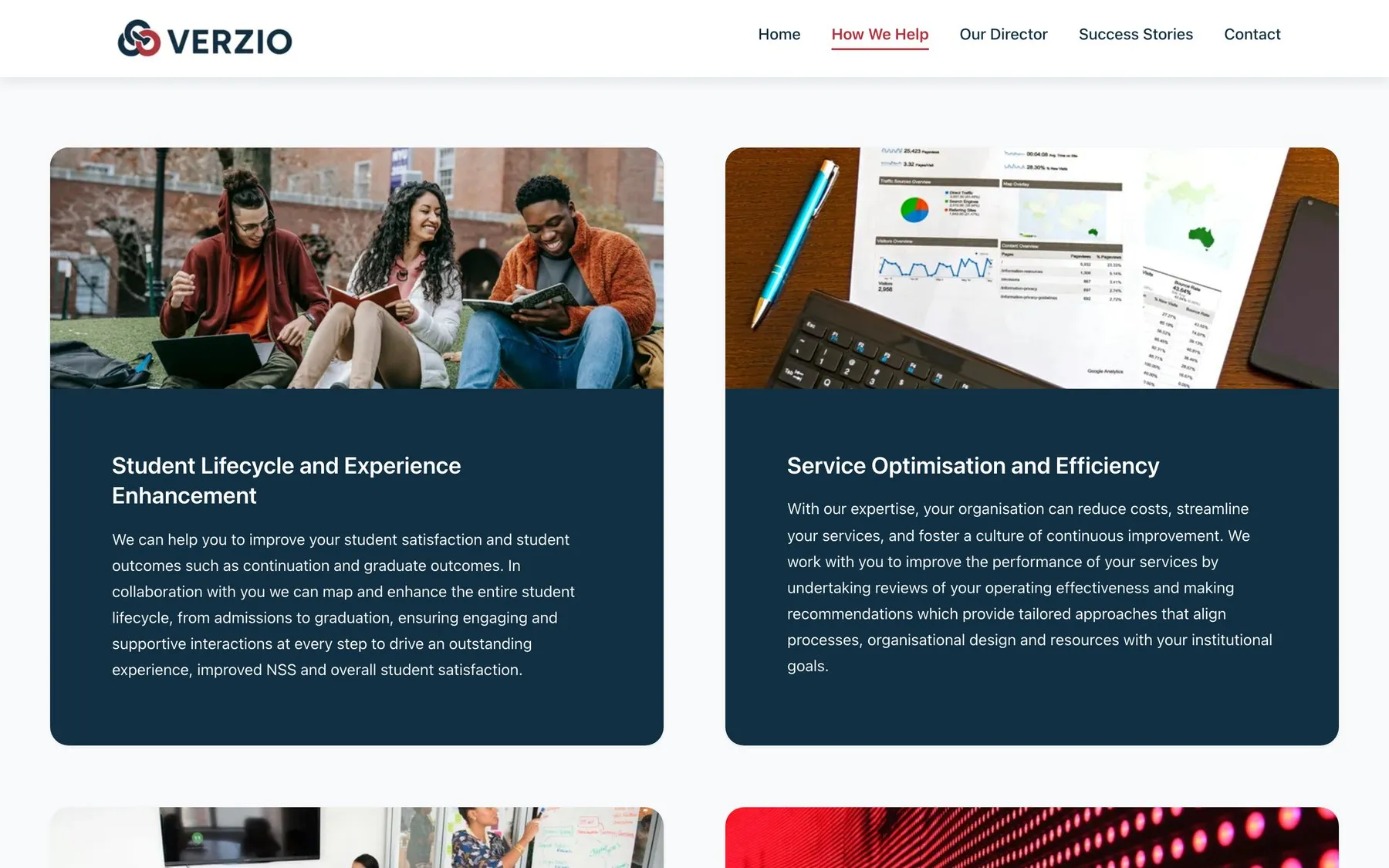 The How We Help page, showing two of Verzio's eight services, each with a photo and a short explanation