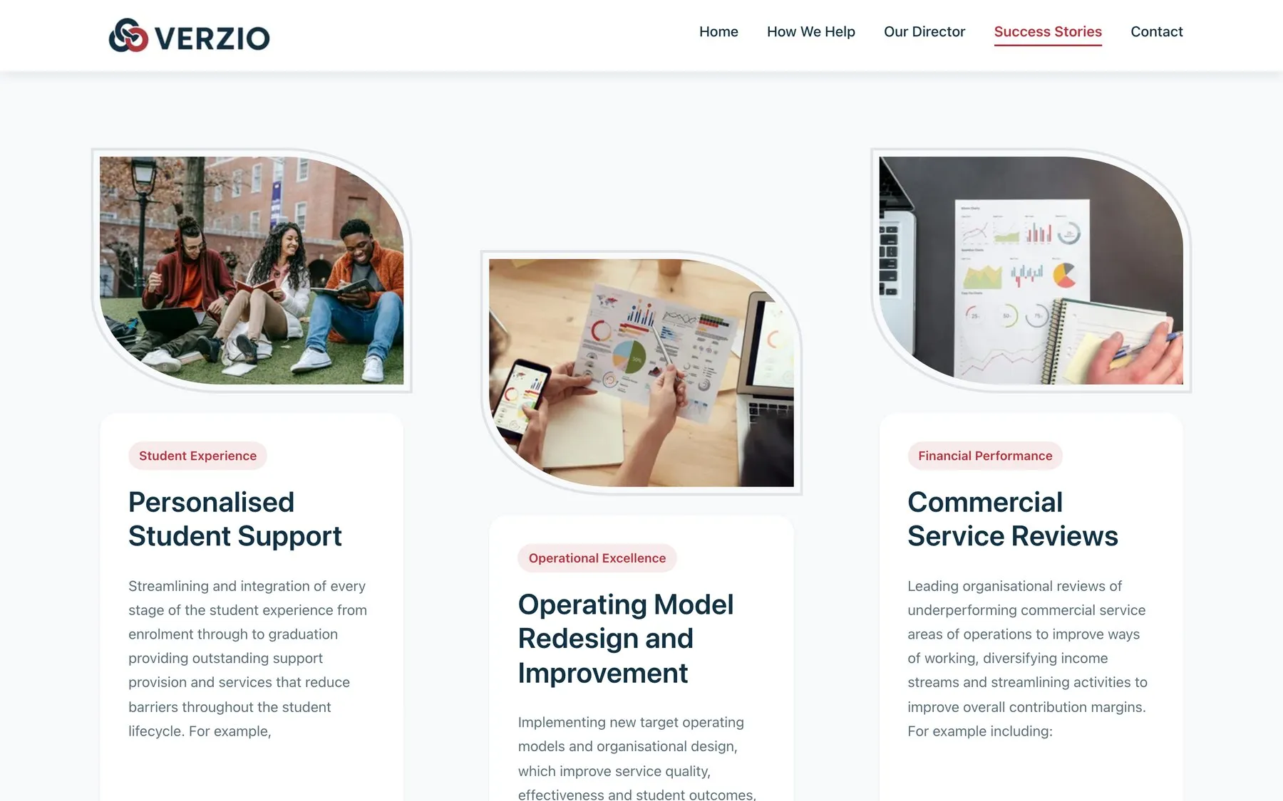 The Success Stories page, with cards for personalised student support, operating model redesign and commercial service reviews